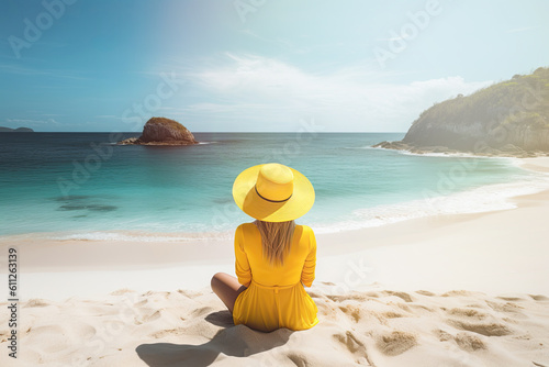 A woman sitting on the beach, wearing a beautiful hat and a pretty yellow dress, gazing at the horizon. Generative AI