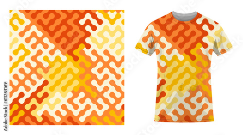 Short sleeved cotton sports t shirt decorated abstract geometric pattern with fractal ornament. Spring and summer ornate. Comfortable summer clothes. Vector ornament for design of textile and fabric