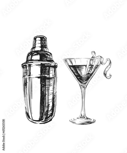 Sketch Cosmopolitan Cocktails and Shaker Hand Drawn Illustration