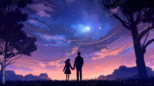 beautifull starry night. freedom concept. father and daughter. illustration created with Generative AI technology.