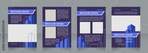 Construction service dark blue blank brochure design. Template set with copy space for text. Premade corporate reports collection. Editable 4 paper pages. Calibri, Arial fonts used