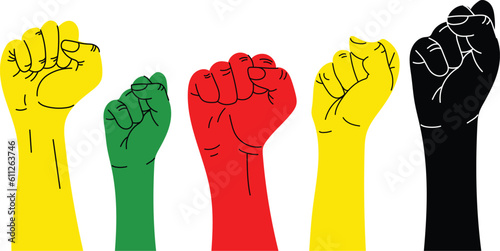 Freedom day, Juneteenth. Set of diverse hand with a flag of green, yellow and red. June 19