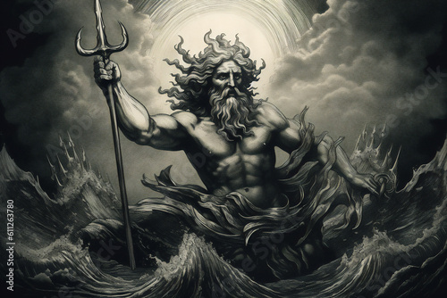 Engraving portrait of Neptune the Roman god of the sea who's Greek equivalent is Poseidon in classic ancient mythology, computer Generative AI stock illustration image photo