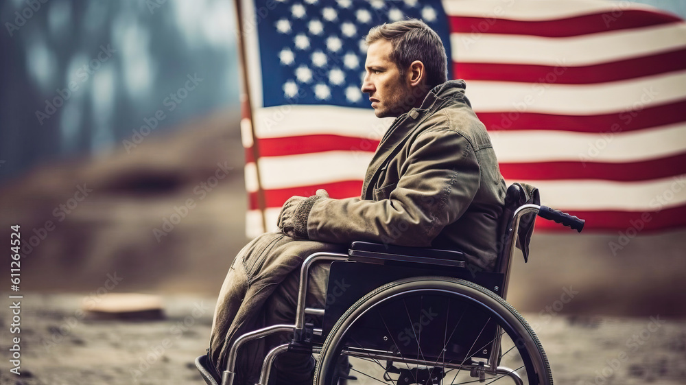 Sad veteran man in a wheelchair on the background of the American flag. Generative AI.