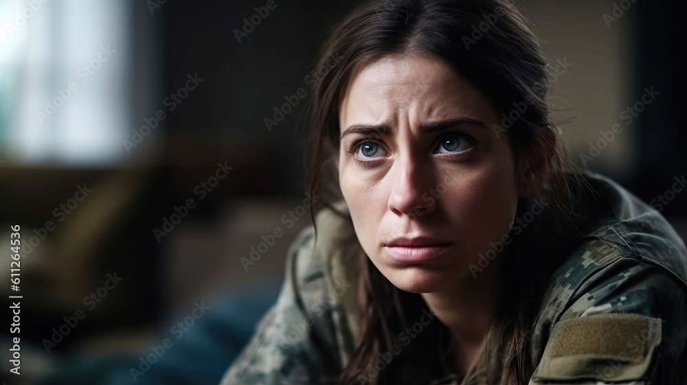 Portrait of sad unhappy young woman in military uniform thinking about problems, upset soldier girl feeling lonely and sad, psychological and mental troubles, suffering from war. Generative AI. Portrait of sad unhappy young woman in military uniform thinking about problems, upset soldier girl feeling lonely and sad, psychological and mental troubles, suffering from war. Generative AI.