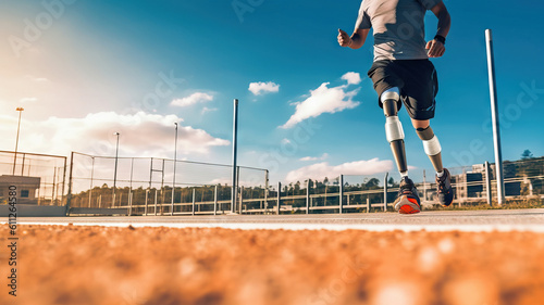 Runner athlete with prosthetic legs running on the road. Disabled fitness jogging workout wellness concept. Generative AI. photo