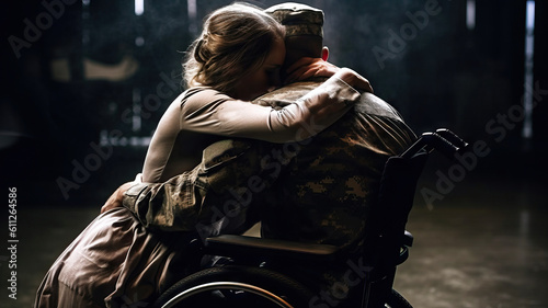 Sentimental meeting after the war of young girl hugs her disabled boyfriend soldier in a wheelchair. Generative AI.