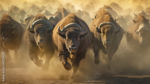 Buffaloes running with dust. Generative Ai