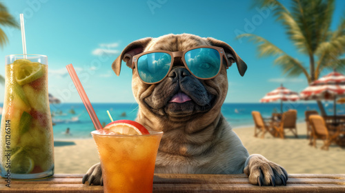 Dog on the beach with a cocktail and sunglasses. Generative Ai © andranik123