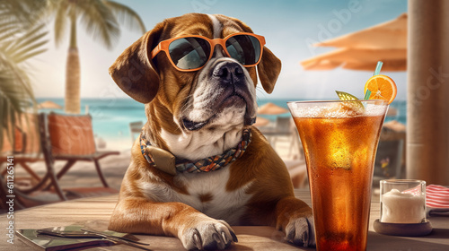 Dog on the beach with a cocktail and sunglasses. Generative Ai © andranik123