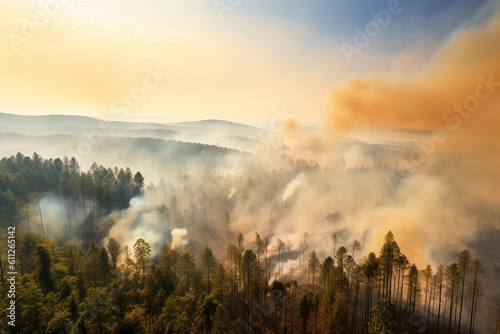 Smoke from forest fires engulfing the horizon, Climate change and environmental degradation, climate change, pollution Generative AI