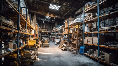 Stock photo of warehouse room with stuff tools equipment on the factory, without text - generative AI © Nad