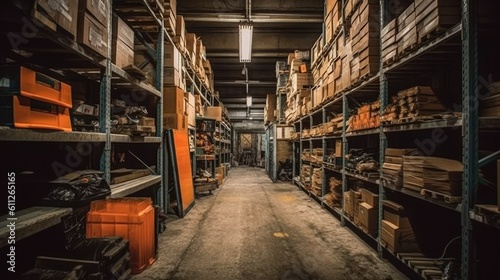 Stock photo of warehouse room with stuff tools equipment on the factory  without text - generative AI