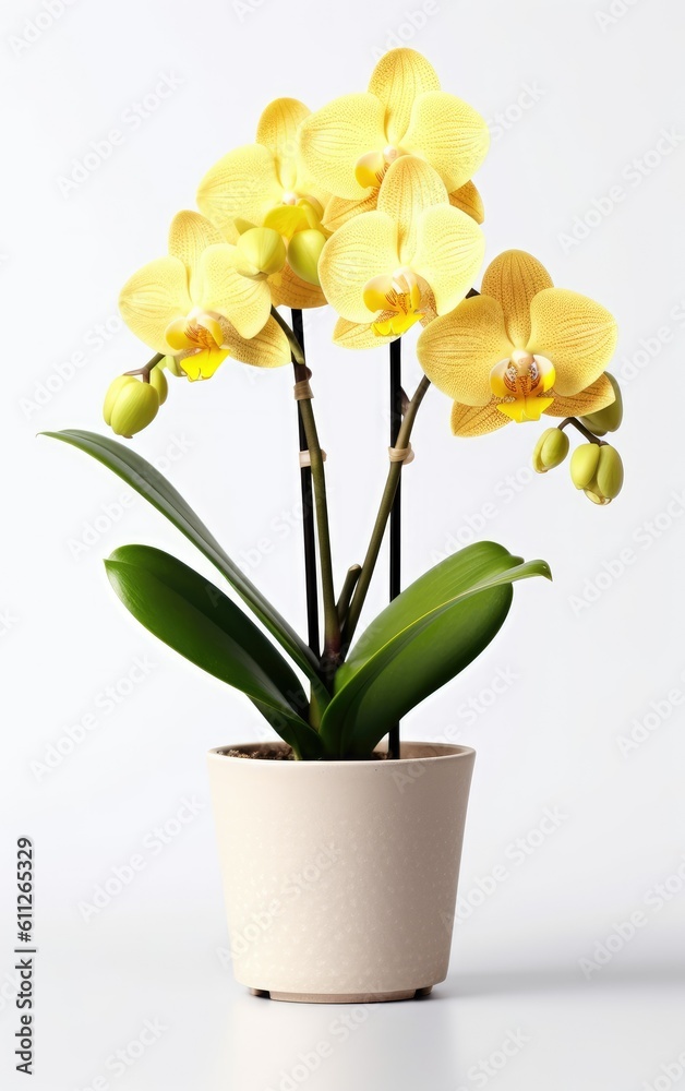 Flowers pastel yellow orchid on white background in flower pot