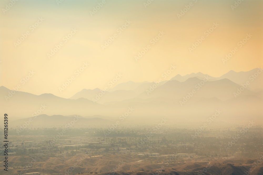 Smog-covered mountains in the distance, Climate change and environmental degradation, climate change, pollution, bokeh Generative AI