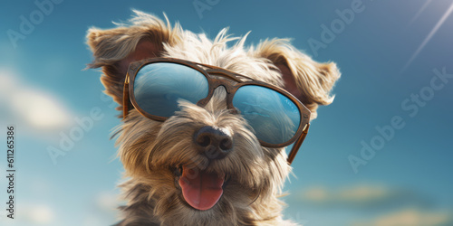 Summer Vibes. Cute Biewer Terrier Dog Poses with a Funny Smile in Sunglasses. Generative AI