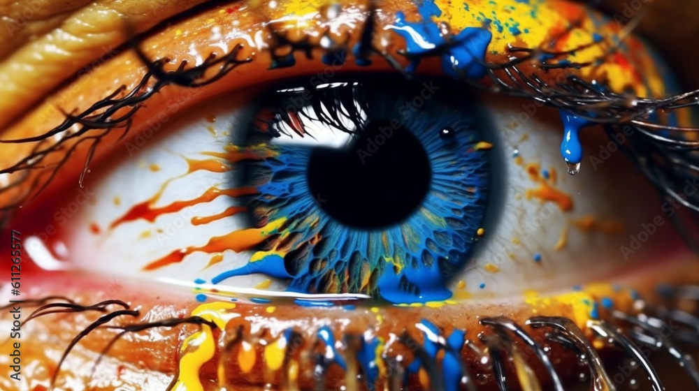 Human eye close up with colorful paint. Generative Ai