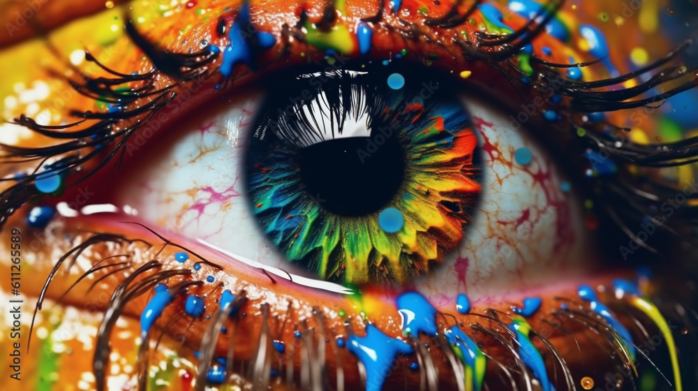 Fototapeta premium Human eye close up with colorful paint. Generative Ai
