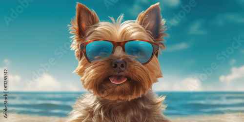 Sunny Smiles. Funny Biewer Terrier Dog with a Happy Expression on the Beach. Generative AI © Bartek
