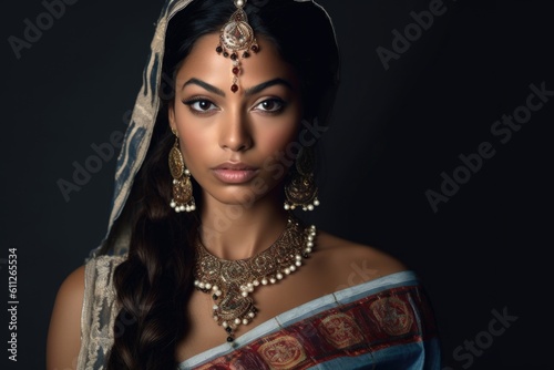 Lifelike beautiful Asian Indian woman with a striking appearance and traditional outfit poses for hyper-realistic studio portraits.;Generated with AI