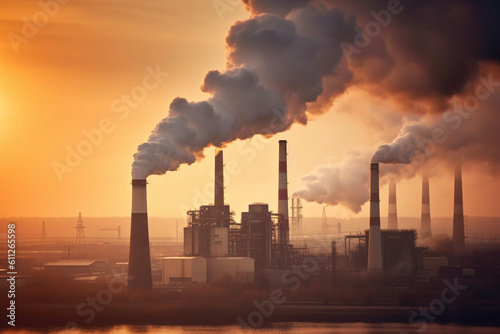 Industrial smokestacks emitting black smoke into the sky, Climate change and environmental degradation, climate change, pollution, bokeh Generative AI