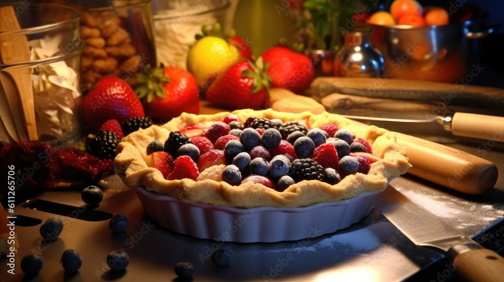 cake with fruits, pie with fruit in front modern oven, and stuff tools equipment - generative AI cake with fruits, pie with fruit in front modern oven, and stuff tools equipment - generative AI