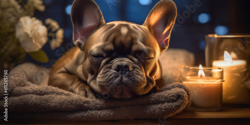 Canine Retreat: Sleeping French Bulldog Enjoys Pampering in Spa Studio Amidst Candles and Flowers. Generative AI © Bartek