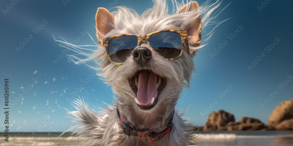 Beachside Poses: Smiling Chinese Crested Dog Strikes a Funny Pose with Sunglasses. Generative AI