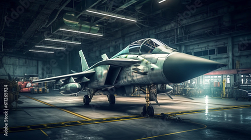 Military aircraft stands in the hangar. Generative Ai