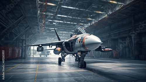 Military aircraft stands in the hangar. Generative Ai