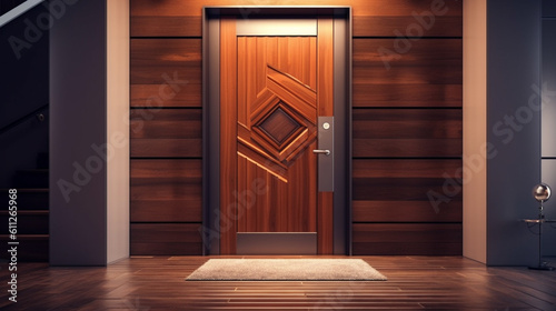 Modern brown wooden entry door. Generative Ai