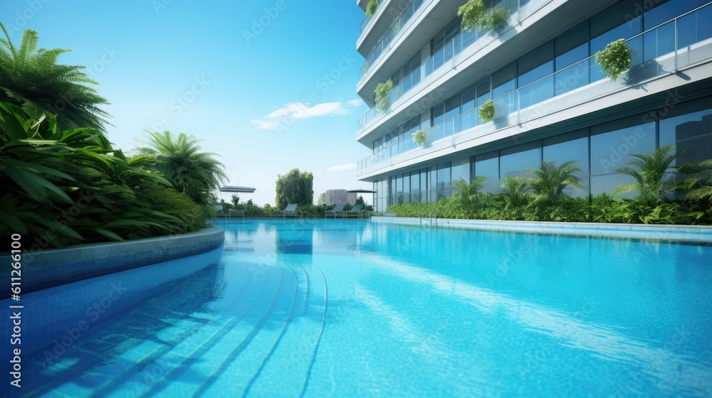 Stock photo of swimming pool on the apartment village view, without text - generative AI Stock photo of swimming pool on the apartment village view, without text - generative AI