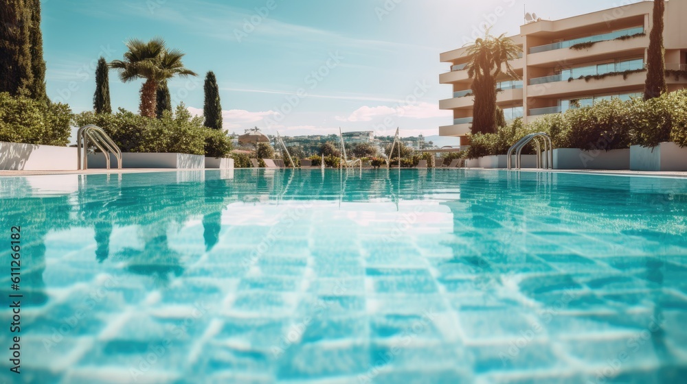 Stock photo of swimming pool on the apartment village view, without text - generative AI