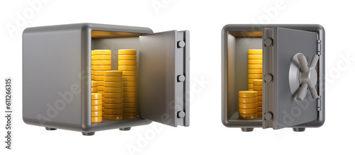 Set open metallic bank safe with gold coins isolated on white background. Collection objects various view. 3d realistic illustration. photo