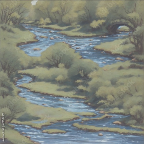 Tranquil Harmony: Captivating River and Farm Landscape Art Piece