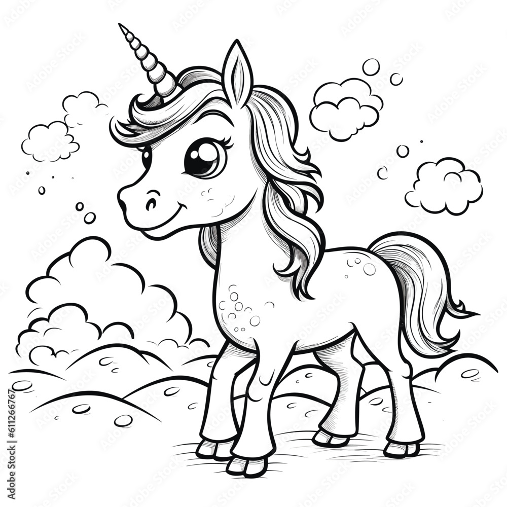 Coloring book page for kids. A Cute Cartoon Unicorn. Vector illustration isolated on white background.
