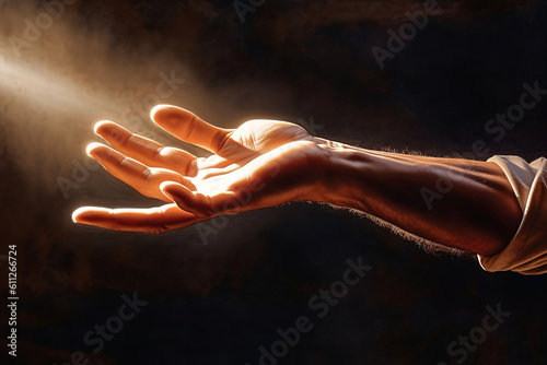 Oil painting of a hand reaching for a bright light in dark room, a sense of spirituality, generative ai