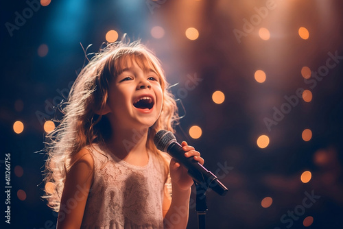 young adorable girl singing on stage with blurry light background, generative ai