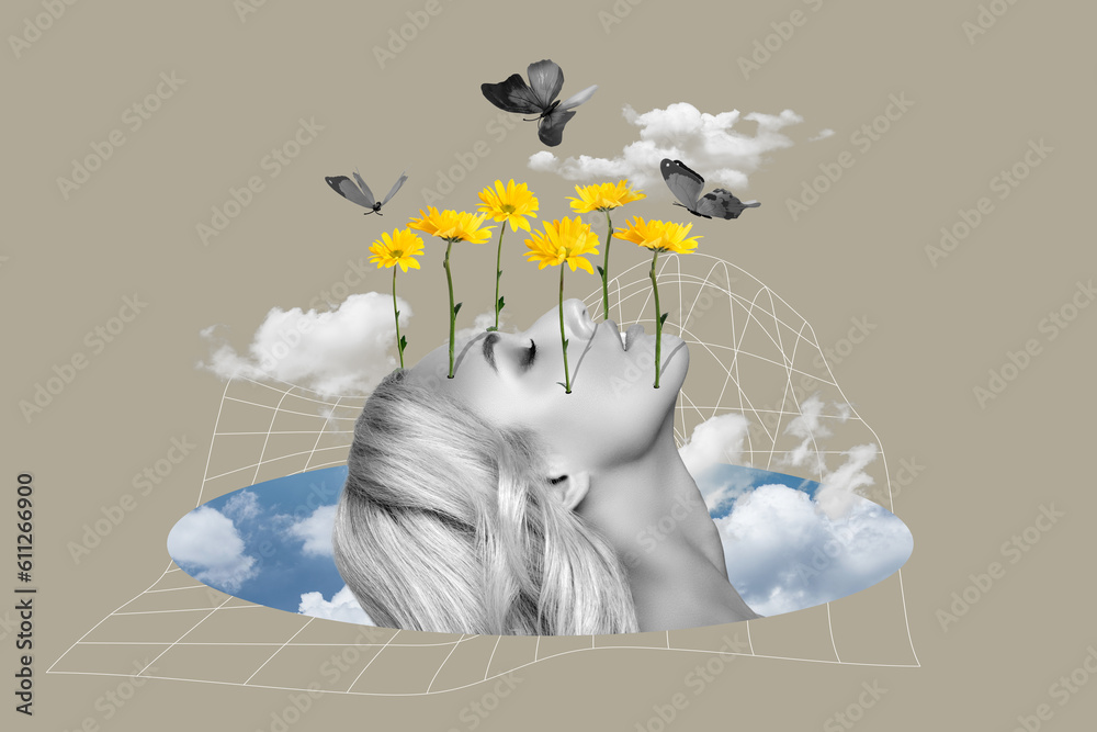 Collage picture of black white colors peaceful girl face fresh flowers butterfly clouds sky isolated on grey background - obrazy, fototapety, plakaty 