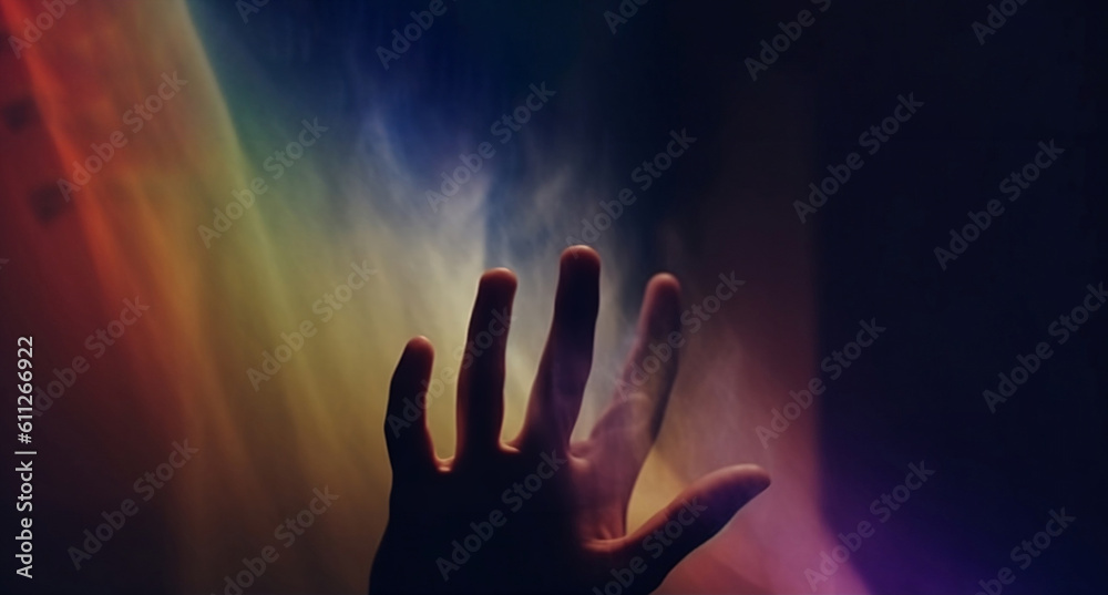 Blurry hand reaching up with colorful foggy, In the zeitgeist of the world, generative ai