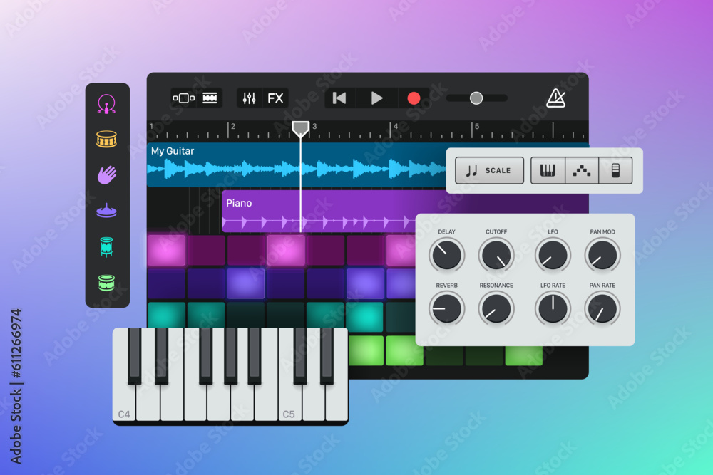 Digital audio workstation. Daw interface vector illustration. Drum pads user interface. Sampler midi controler
Digital audio workstation. Daw interface vector illustration. Drum pads user interface. Sampler midi controler