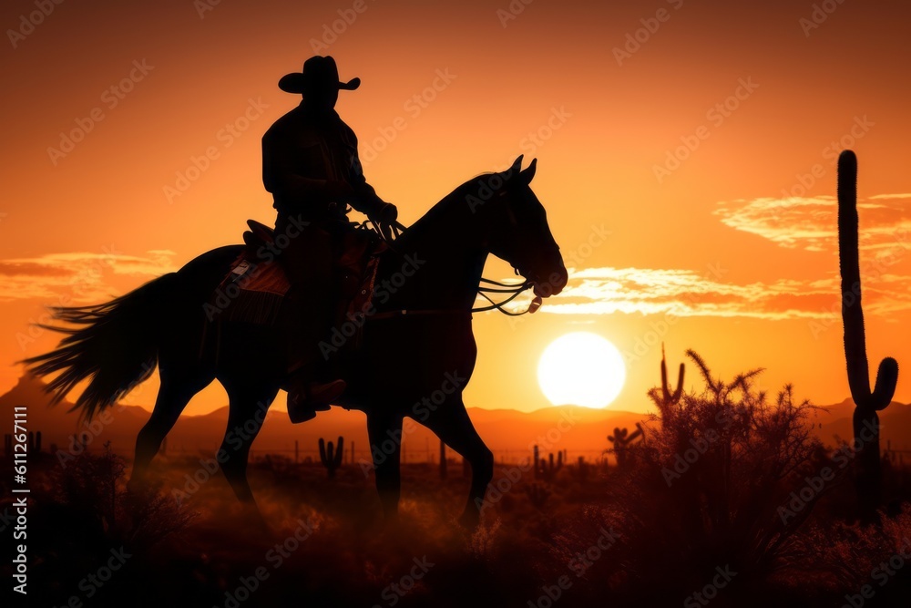A silhouette of a cowboy riding against a vibrant sunset, capturing the beauty and solitude of the Western frontier. Generative Ai A silhouette of a cowboy riding against a vibrant sunset, capturing the beauty and solitude of the Western frontier. Generative Ai
