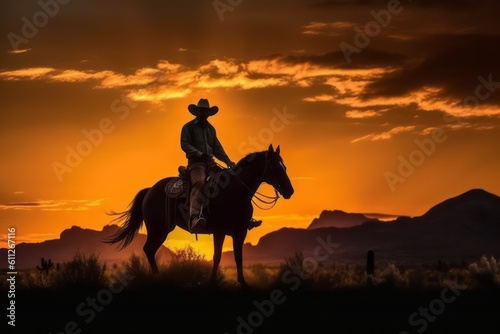 A silhouette of a cowboy riding against a vibrant sunset  capturing the beauty and solitude of the Western frontier. Generative Ai