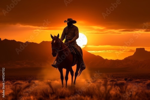A silhouette of a cowboy riding against a vibrant sunset  capturing the beauty and solitude of the Western frontier. Generative Ai