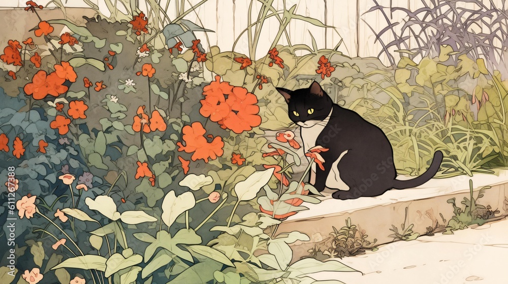 Obraz premium Lofi cat in a flower garden, anime manga style illustration