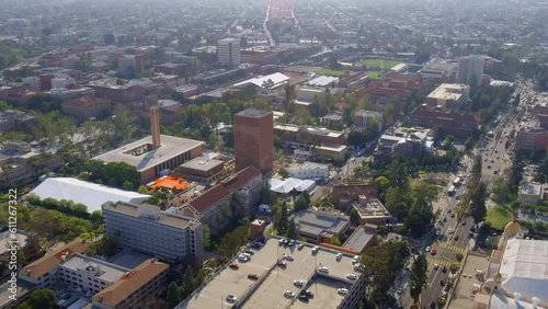 Aerial view orbiting University of Southern California campus establishment grounds, Los Angeles photo