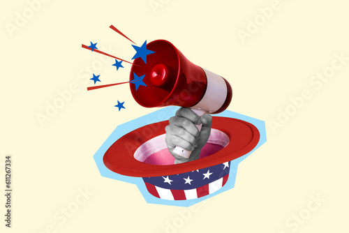 Canvas-taulu Photo poster collage of uncle sam hat hand hold huge megaphone speech happy inde