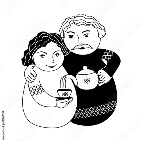 An elderly man hugs a woman and pours tea. Grandfather with gray hair takes care of his grandmother