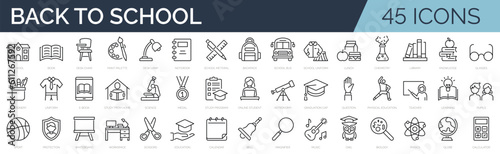 Set of 45 line icons related to back to school, education, learning, school. Outline icon collection. Editable stroke. Vector illustration.