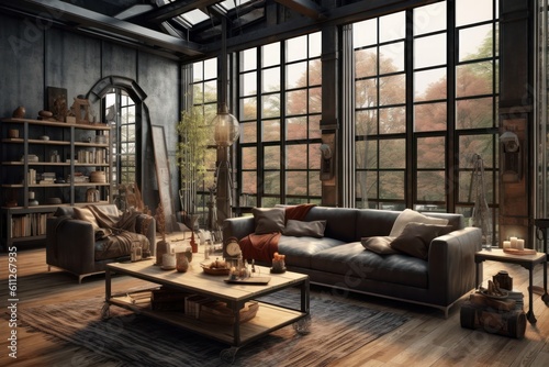 Close Up of Chic Industrial Details in a Loft Living Room with Large Urban Windows. © aboutmomentsimages